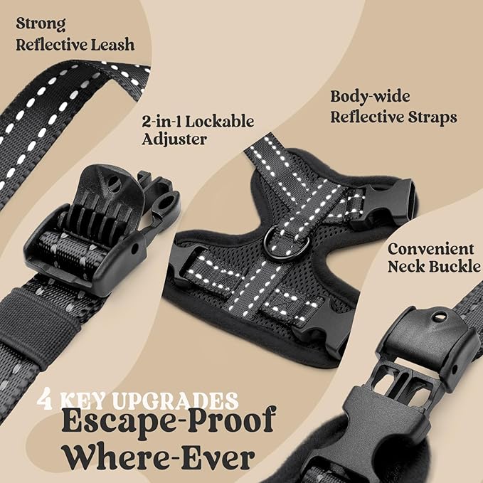 rabbitgoo Cat Harness and Leash, Escape Proof Vest with 3 Adjustable Buckles, Soft Comfortable Kitten Harness, Easy to Wear, Reflective for Safe Outdoor Walking, Small, Black