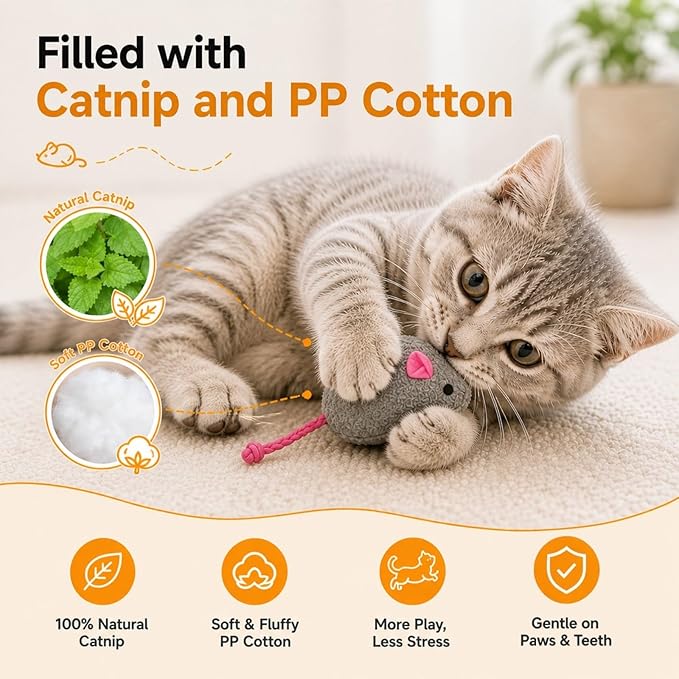 Cat Toys Mouse Set, 10 Pack Plush Mice with Rope Tails, Soft Interactive Cat Toy for Indoor Cats, Kittens, Chase, Batting & Hunting Play