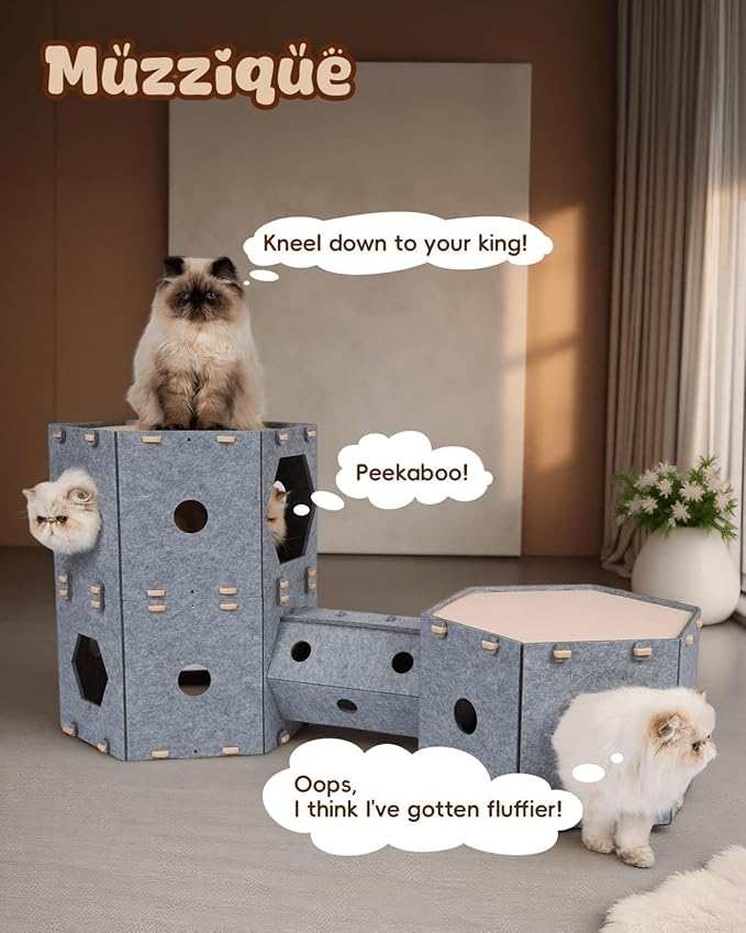 Large Cat Tunnel House Bed for Indoor Cats, w/Hair Brush, DIY Expandable Modular Felt Pet Castle, Clawsable Multi Layer Kitten Scratcher Nest, Peekaboo Small Dogs Puppy Cave, 3 Perch Kitty Furniture