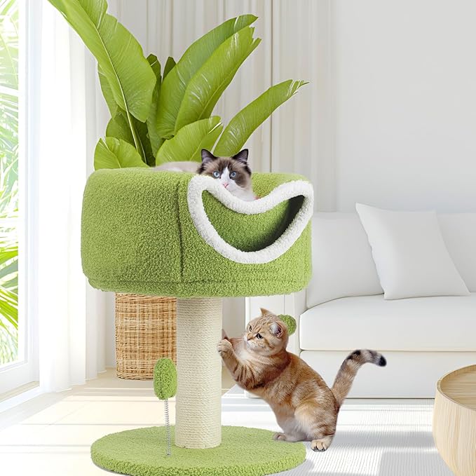EMUST Flower Cat Tree with Bed, 28.74inch Tall Cat Tower with Scratching Post & Cozy Condo, Cute Sisal Cat Scratcher with Plush Hang Spring Ball Toys, Removable Cat Bed for Indoor Adults Cats, Green