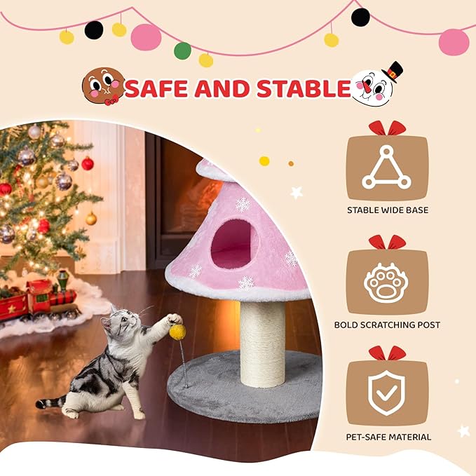 VINGLI 59in Pink Christmas Tree Cat Tower for Indoor Cats - Multi-Level Cat Tree with 2 Condos, Fleece Platforms, Sisal Scratching Post & Dangling Toy, Wide Stable Base for Adult Cats & Kittens
