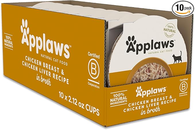 Applaws Natural Wet Cat Food in Broth, Limited and Natural Ingredients, High Protein with No Artificial Additives, Chicken Breast & Chicken Liver in Broth (10 x 2.12 oz Easy-Open Cups)