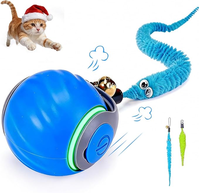Smart Cat Toy Ball, Automatic Rolling Interactive Cat Toys for Indoor Cats, Motion Activated 2 Speeds Rechargeable Cat Enrichment Toy with 2 Tails, Perfect for Kittens & Adult Cats - Blue