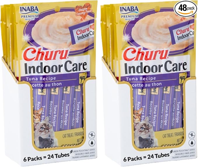 INABA Churu Hairball Control,Functional,Creamy Lickable Purée Cat Treat with Taurine & Vitamin E,0.5 Ounces Each,Tubes (4 per Package),Tuna Recipe - Packaging May Vary*,(Pack of 48)