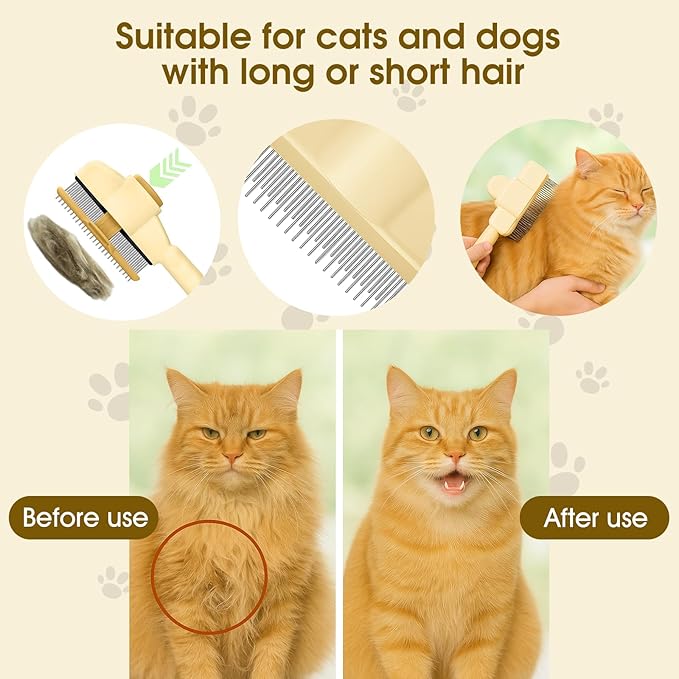 Self-Cleaning Cat and Dog Comb – 2-in-1 Pet Hair Removal and Flea Comb with Stainless Steel Teeth and One-touch Release Button, Suitable for Hair Removal, Detangling, and Grooming Yellow