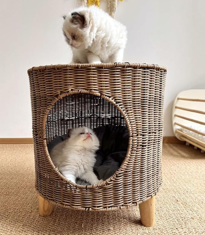 Antique B Elevated Rattan Pet Bed - Breathable Double Layer Cat Villa, Dog Bed House, Outdoor Cat Furniture