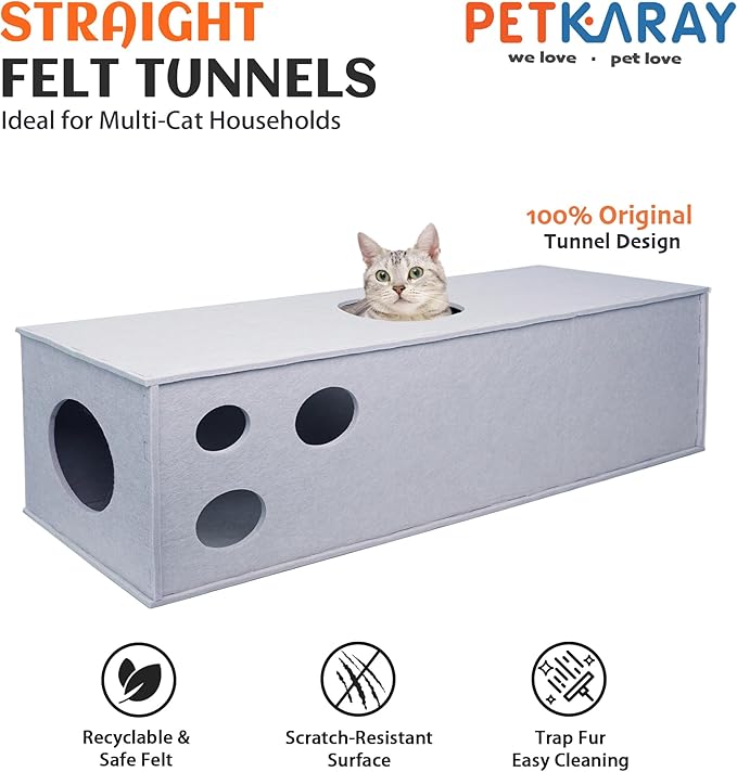 PETKARAY Cat Tunnel, Original Cat Hideaway Cave for Indoor Cats, Large Kitten Play Tubes and Tunnels, Soft Felt Cat Toy with Interactive Peek Hole， Grey Straight
