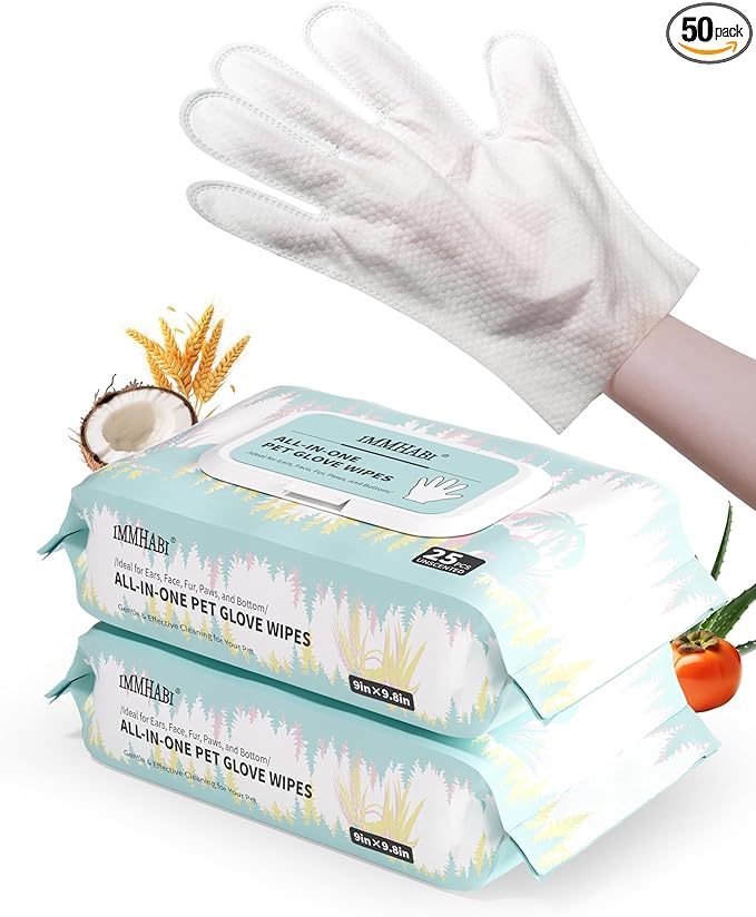 IMMHABI 50 Pcs Cleaning Deodorizing Pet Glove Wipes for Dogs & Cats, Hypoallergenic Dog Bath Wipes with Natural Deodorizer Persimmon Tannin, Pet Bathing Wipes for Horse Coat Care Unscented