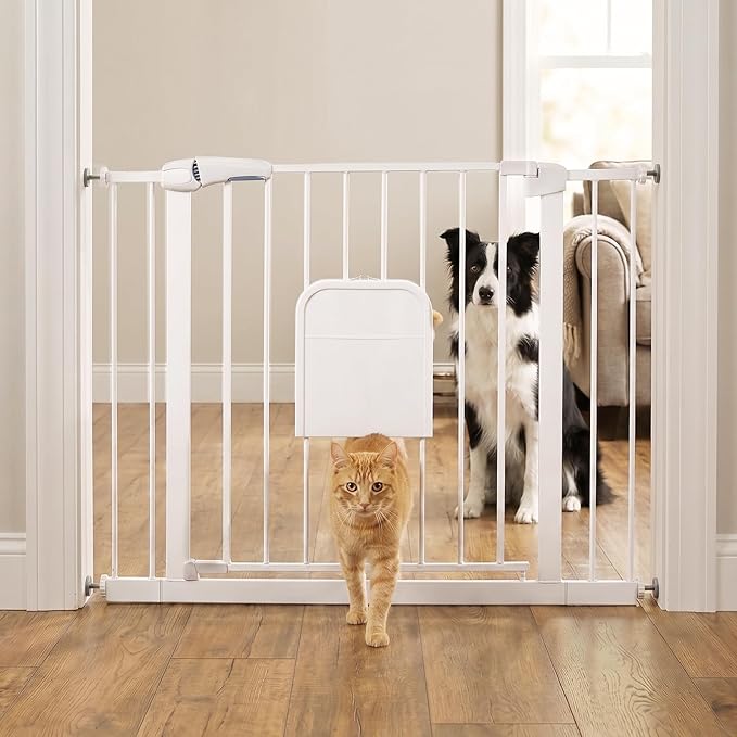 Metal Pet Gate with Cat Door, Adjustable Dog Gate for Doorways & Stairs, Pressure Mounted, Auto-Close, No Tools Needed, 31-46 Inches, White
