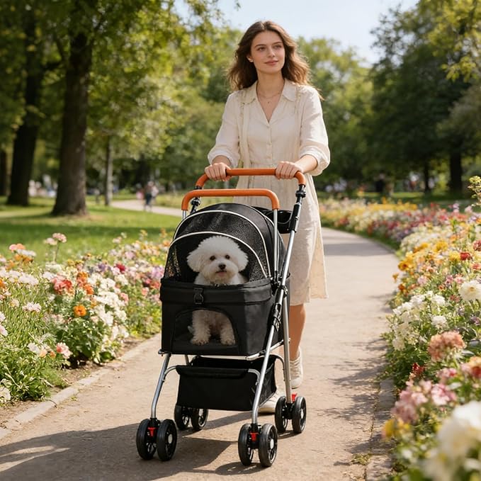 YYW Pet Stroller for Small Dogs & Cats, 3 in 1 Foldable Kittens Puppies Travel Strolling Cart with Removable Carrier, Cup Holder, Storage Basket & Lockable Wheels(Black)