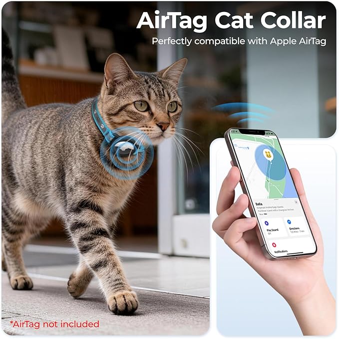 Breakaway AirTag Cat Collar, Reflective Cat Tracker Collar with Air Tag Holder and Bell, Safety Elastic Band Cat GPS Collars for Girl Boy Cats, Kittens and Puppies (Blue, 8-13'')