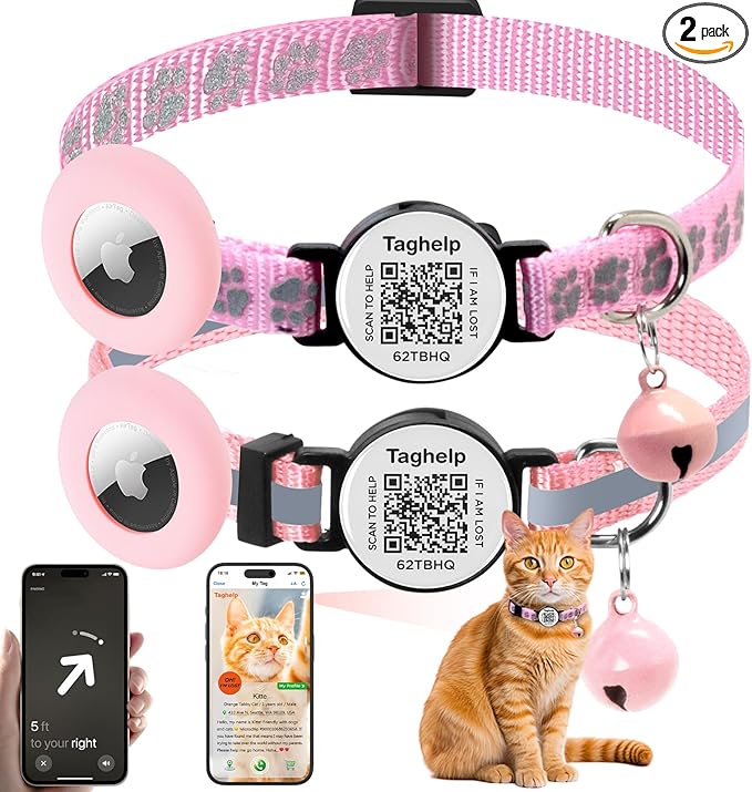 Smart Cat Collar Breakaway with QR Code & AirTag Holder, 2 Pack Reflective Kitten Collars with Safety Buckle - Dual Lost Pet Prevention, Online ID & Apple Tracking, Pink Pet Supplies Gifts