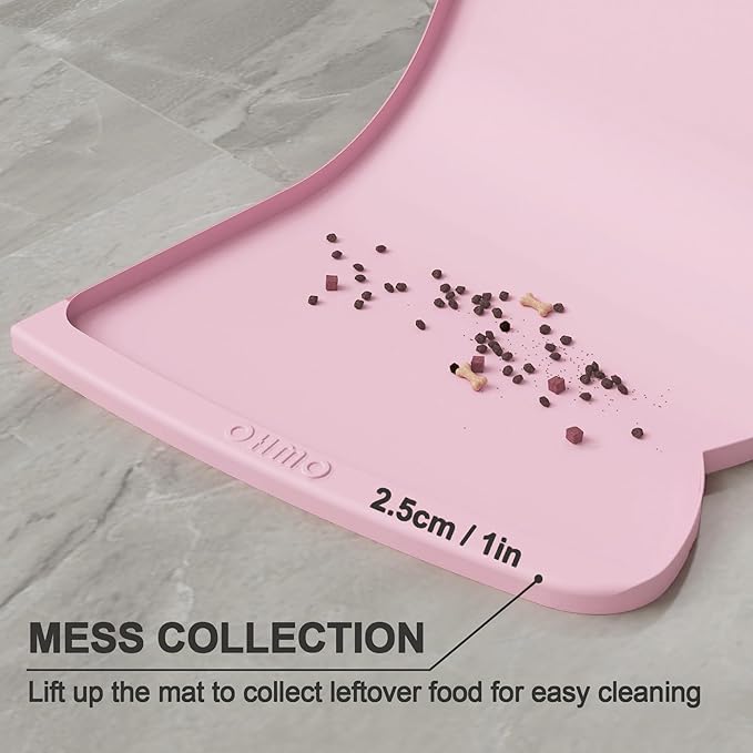 OHMO Dog Food Mat(Pink, 24 * 15'') w/Residue Collection Pocket Silicone Pet Feeding Mat for Floor High Edges Anti Spills Waterproof Cat Water Bowl Tray, Easy Clean Placemat