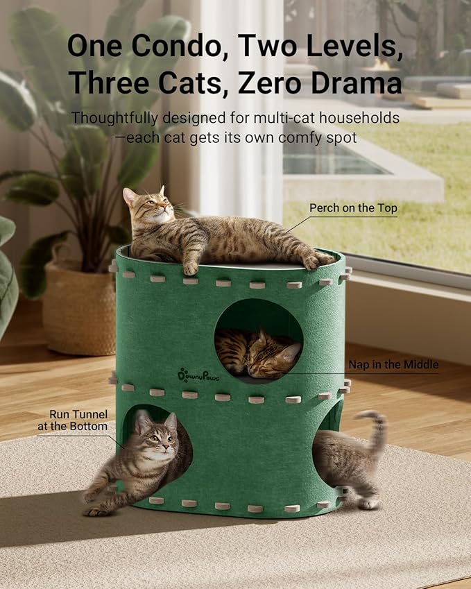 DownyPaws Cat House for Indoor Cats, 2-Storey Foldable Cat Bed Cave, Felt Cats Tunnel Bed Condo, Castle Kitten Cube Hideaway for Multicats, Scratch Resistant, Forest