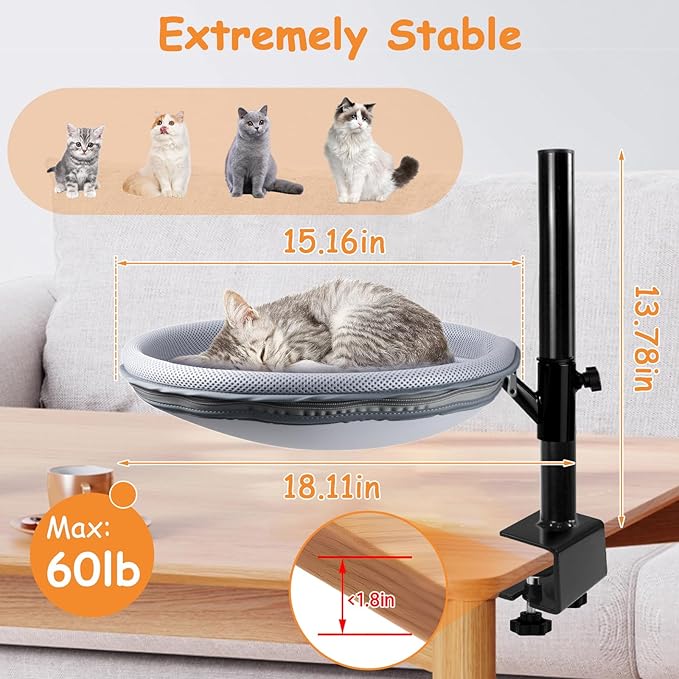 Double Layer Large Cat Desk Bed, 360° Rotating & Adjustable Shelf, 15" Thickening Desk Mounted Cat Bed with 2 Perches Holds Up to 66lbs for Office/Home