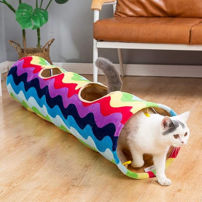 Cat Tunnel -Straight-Shaped, Rainbow Wave Color, Soft Velvet Exterior, Oxford Fabric Fog-Proof Interior, Plush Toy Ball, Easily Washable, Conveniently Foldable, 47.2in/120cm