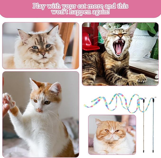 InnoHHustle 2 Pcs Interactive Cat Rainbow Wand Toys, Cat Teaser Wand and String Toy Colorful Ribbon Strong and Sturdy Pole with Small Bells for Indoor Cats and Kittens to Play Chase Exercise for Fun