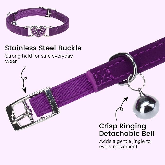 BINGPET Diamond Cat Collar,Adjustable Soft Velvet Leather Safe Kitten Collar with Crystal Heart Charm and Bells,Girl Boy Bling Stylish Cat Collars with Safety Elastic (Purple, Neck Girth 8"-10")