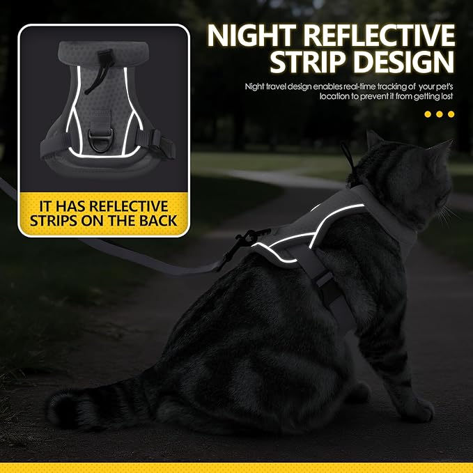 JOHNBOLIN Cat Harness and Leash Set - Escape Proof, Adjustable Breathable Vest Harnesses with Reflective Strips, Easy Control & Secure Walking for Small Medium Large Cats Kitten Collar (Grey, Medium)