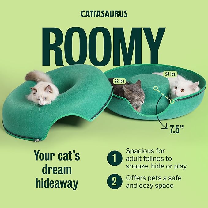 Cattasaurus Peekaboo Cat Cave Donut for Multiple & Large Cats up to 30-45 lbs, 3-in-1 Self Warming Cat Bed, Tunnel & Scratcher for Indoor Cats, Washable & Detachable Dog Bed (Forest Green, Large)
