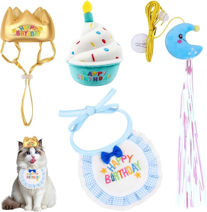 Cat Birthday Party Set - 4PCS Crown Hat, Embroidered Bib & Cake Toy Fun Kittens Costume for Birthday Photoshoot Celebration（Blue）