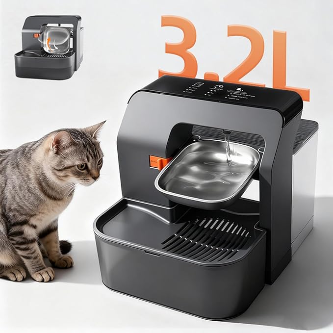 Asixxsix Wireless Cat Water Fountain, 3.2L Self Refill Tipping Wastewater Separatio Smart Pet Fountain with Filter Rechargeable Automatic Water Dispenser for Cats Small Dogs
