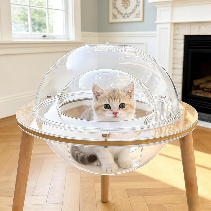 Cat House with Fish Tank, Clear Acrylic Globe Bed on Wooden Legs, Two-in-One Indoor Cat Enrichment Furniture, 23.6 x 20.5 Inch