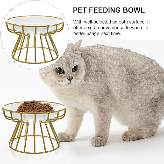VILLCASE Elevated Ceramic Cat Bowl with Metal Rack Raised Anti-Vomiting Whisker Relief Feeder for Cats Includes Single Fishbone Plate and Gold Iron Stand Feeding and Watering