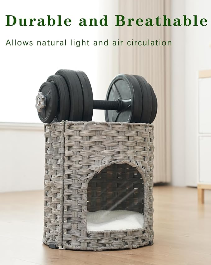 SETVSON Cat House for Indoor Cat, Small Cat Houses Handwoven PE Rattan Kitten Cave, Pet Kitten Bed Covered, One Bed Pad, 13 x 13 x 13.7 Inches, Foldable Hideaway in Living Room Gray