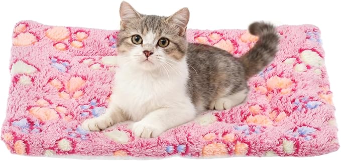 Dog Cat Bed Mat, Soft Coral Fleece Pet Cushion Pad with Cute Paw Print, Warm Washable Pet Bed 13x10 Inches, (Pink), Intended for Medium Small Dog Cat