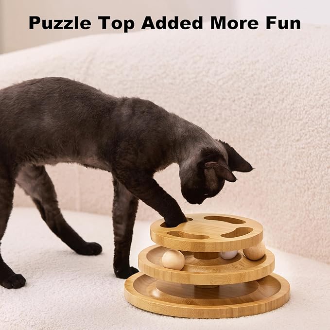 ZOMISIA Cat Ball Track Toy with Puzzle Top, Wooden Cat Toys for Indoor Cats with Spinning Balls, Interactive Large Cat Ball Tower for Kitten Kitty Exercise Mental Physical