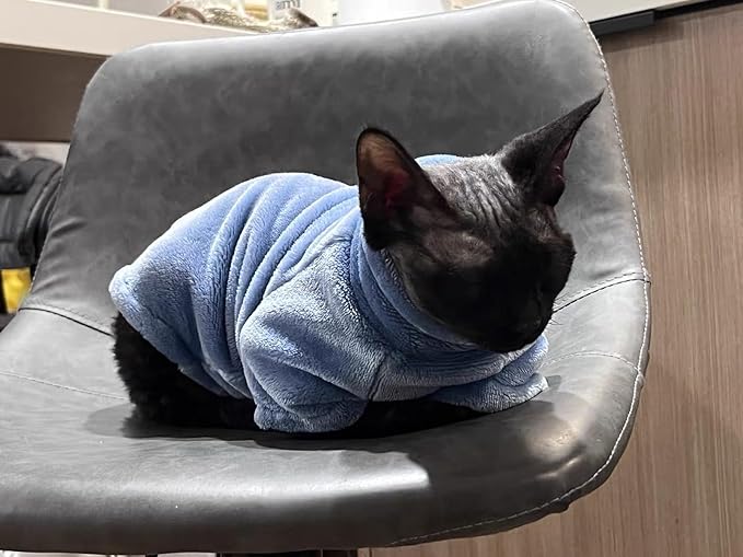 Sphynx Cat Clothes Winter Turtleneck Soft Coral Fleece Cat Clothes Thicken Warm Pajamas Coat for Hairless Cats and Small Cat Apparel with Sleeves (Haze Blue, L (6-9.3lbs)