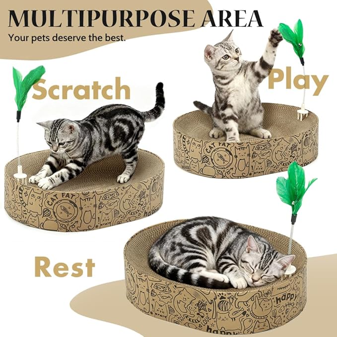Cat Scratcher Cardboard, 2in1 Oval Cat Scratcher Bed for Indoor Cats Cat, Scratch Pad Bowl with Scratching Toy, Cozy Oval Cat Scratch Bed Furniture for Kittens & Medium Size Cats(Black)