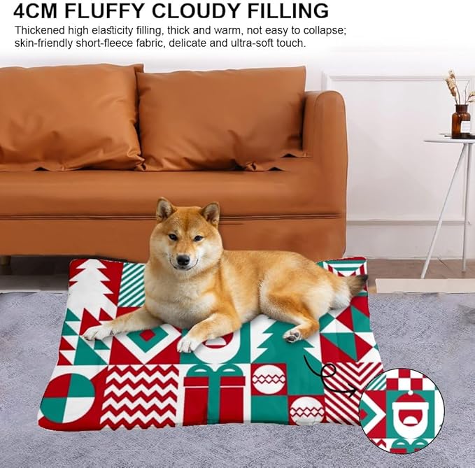 Christmas Geometric Pattern Cat Bed Mat Waterproof Crate Bed Cat and Dog Pet Mat Rectangle Non- Slip Bottom Dog Friendly Furniture Multi- Scenario Big Beds Gift Printed Crate Pad 36× 24 Inch