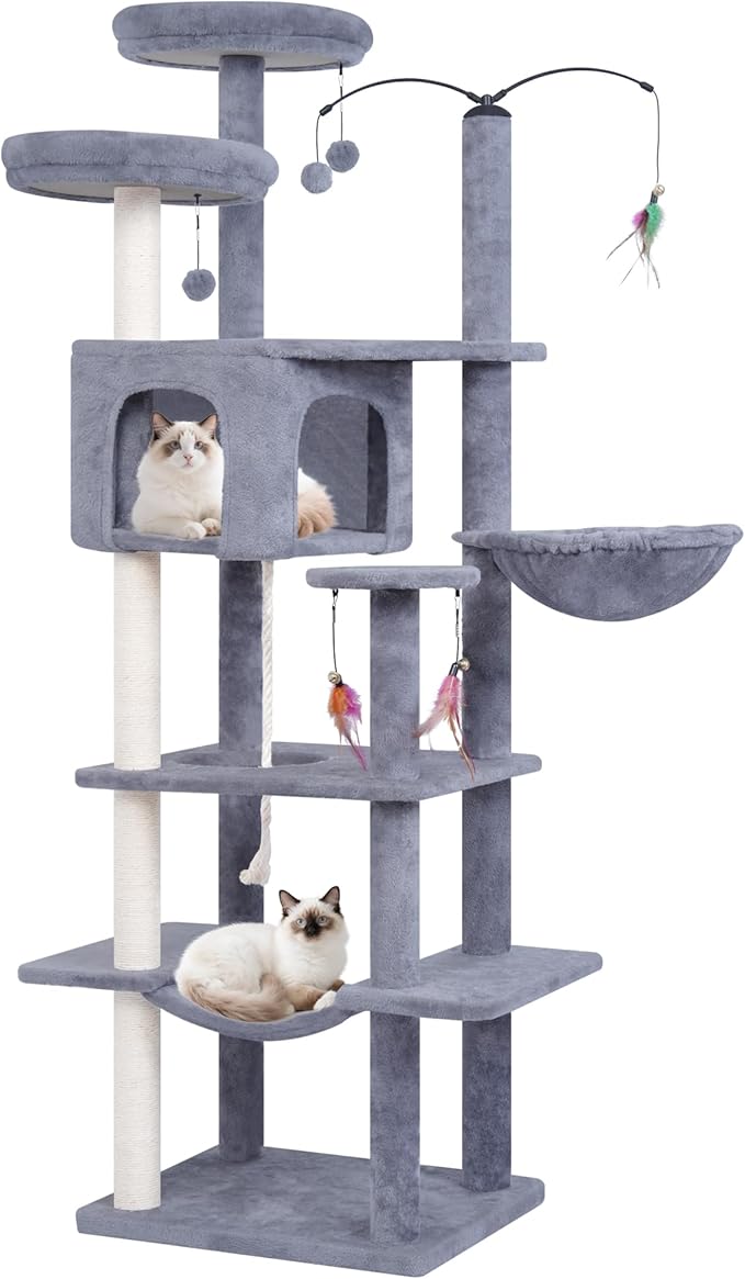 AIWIKIDE Big Cat Tree, Cat Tower with Multi-Level Condo, Hammocks, Rotating Toy (Grey, 63.4'')