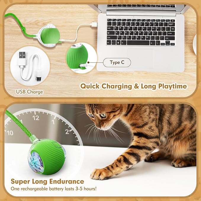 Interactive Cat Ball Toys for Indoor Cats, Peppy Pet Ball, 2025 Upgraded Automatic Kitten Toy for Bored Indoor Adult Cat, 360°Smart Rolling Toy (Green)