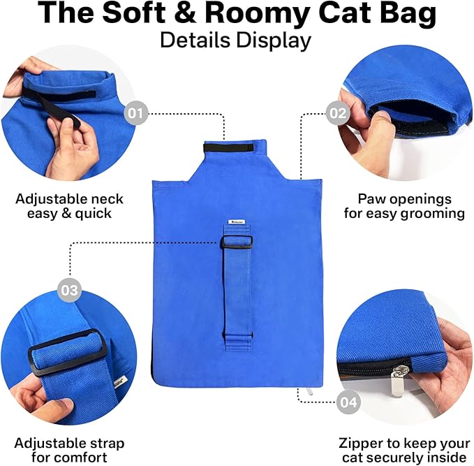 Cat Carrier Pouch for Medium Cats 10–20 lbs, Soft Cat Carrier with Upgraded Adjustable Strap, Durable Cotton Cat Bag for Nail Trimming, Medication & Vet Visits – Klein Blue