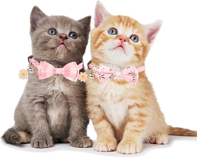 PTDECOR Pink Cat Collar Breakaway with Cute Bow Tie Bell Charm, Plaid Flower Cat Bowtie Collars for Cats Kittens (Pink)