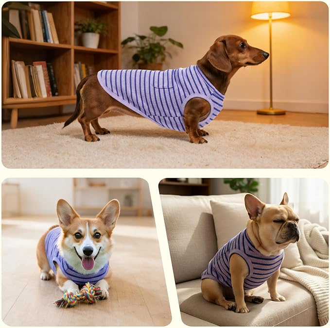 Dog Clothes, Stripe Dogs Shirts for Small & Medium Breeds, Pet Tank Top, Breathable Waffle Fabric Puppy Outfit, Shirt for Chihuahua, Yorkie, Dachshund, Corgi (Ocean, Medium)