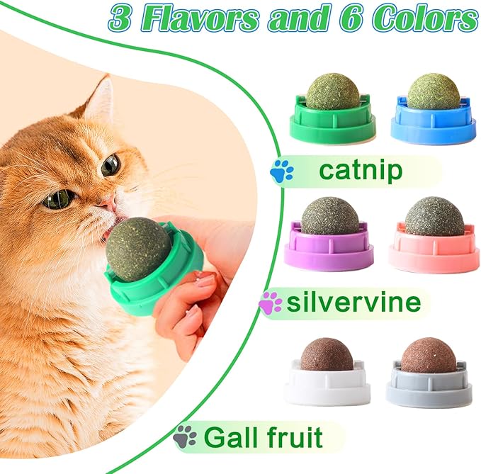 6PCS Catnip Balls for Cats Wall Edible Cat Toys with Catnip Silvervine Gall Fruit Flavors for Cat Lick Safe Teeth Cleaning Dental Cat Toy