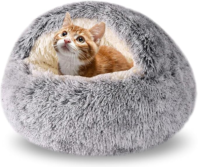 FORMYCATIE Cat Beds for Indoor Cats,Cat Cave for Puppy and Kitty,Calming Small Dog Bed for Small Dogs with Cover Cave,Cozy Warming Fluffy Washable Anti-Slip Pet Sleeping Bag (Grey, 22 * 22inch)