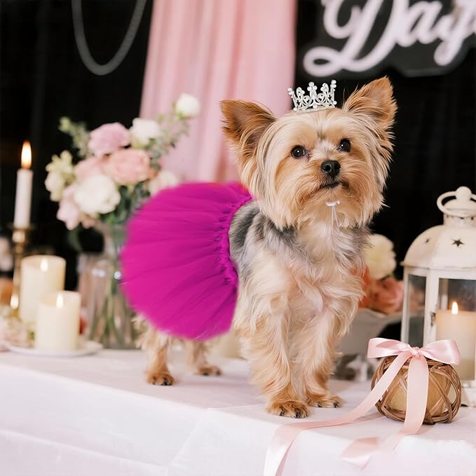 Pet Costume Set Tutu Skirt with Pearl Crown for Small Dog Cat Halloween Birthday Wedding Photo Prop Costume (Rose Red)