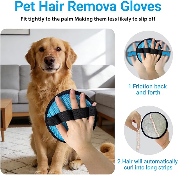 2Pack Pet Hair Removal Glove for Cats and Dogs, Four-Finger Circular Design with Soft Lining and Hanging Loop, Reusable Pet Grooming Gloves for Clothing, Carpet, Car Seats (Blue)
