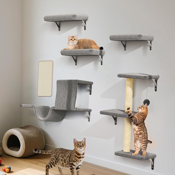 6-in-1 Wall Mounted Cat Climber Set for Heavy Cats，Wall Shelves,Stable & Safe Cat Furniture Set for Large Cats, Wooden Climbing Wall with Scratching Post (Gray)