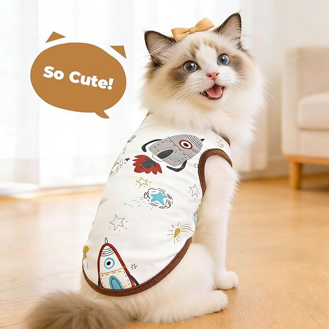 PETCARE Cute Cartoon Cat Shirts for Cats Only Soft Cotton Tshirts Brown Spaceship Cat Clothes for Cats Only Female Male Small Breeds Pet Pajamas Sleeveless Pet Tank Top Spring Summer Kitten Clothes