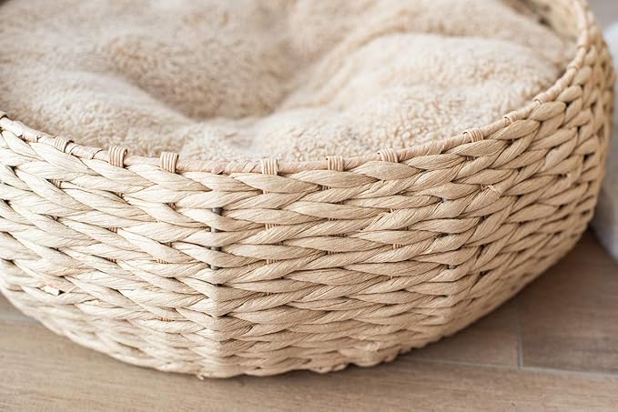 PetPals Hand Made Paper Rope Round Bed for Cat/Dog/Pet Sleep with Pillow, Natural (Round)