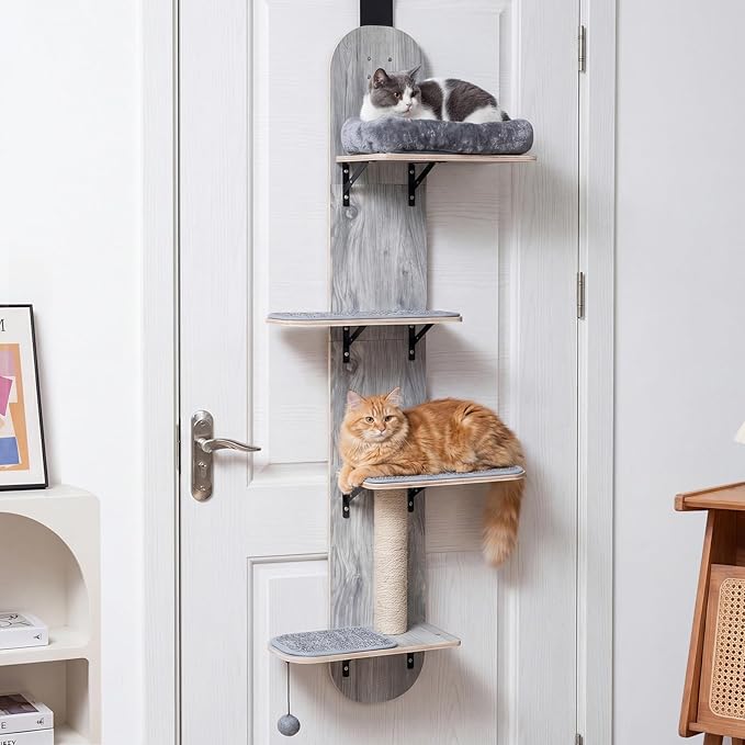 PETSITE Door Mounted Cat Tree, 58.5-61.5 Inches Height Adjustable Hanging Cat Climber with Scratching Post, Detachable Scratching Mats, and Comfy Plush Cat Bed (Grey)