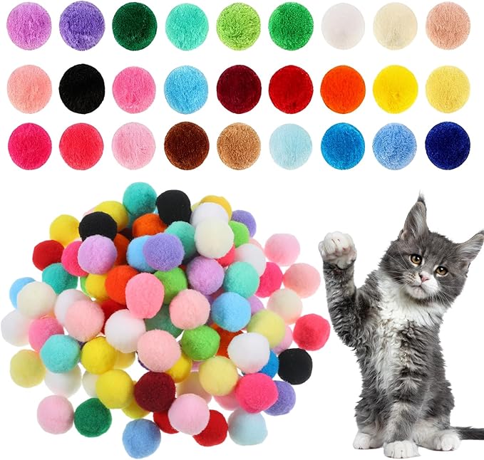 Larrel 100 Pcs Cat Puff Ball Toys, 2.5cm/1in Soft Cat Pom Pom Balls Fuzzy Balls for Cats Cute Pompoms for Indoor Kitten Playing Exercising or Craft DIY Creative Crafts Decorations(Random Assortment)