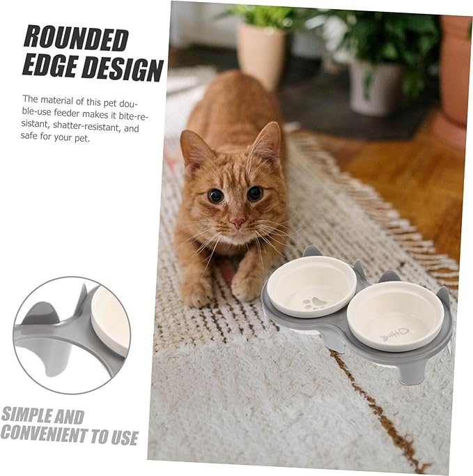 Ceramic Elevated Cat Bowl with Thick Gray Non-Slip Stand Angled Dual Feeding and Watering Bowls for Indoor Pets Smooth Surface Pet Feeding Accessory