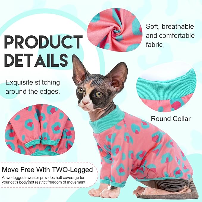 Sphynx Cats Clothes Cat Turtleneck Cotton Sweater Pullover Kitten T-Shirts with Sleeves Cat Pajamas Jumpsuit for Sphynx Cornish Rex, Devon Rex,Small Dog